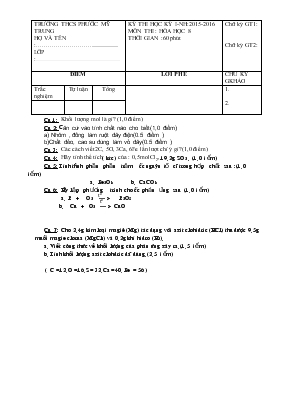 Kỳ thi học kỳ I - Năm học2015-2016 môn thi  Hóa học 8 thời gian 60 phút